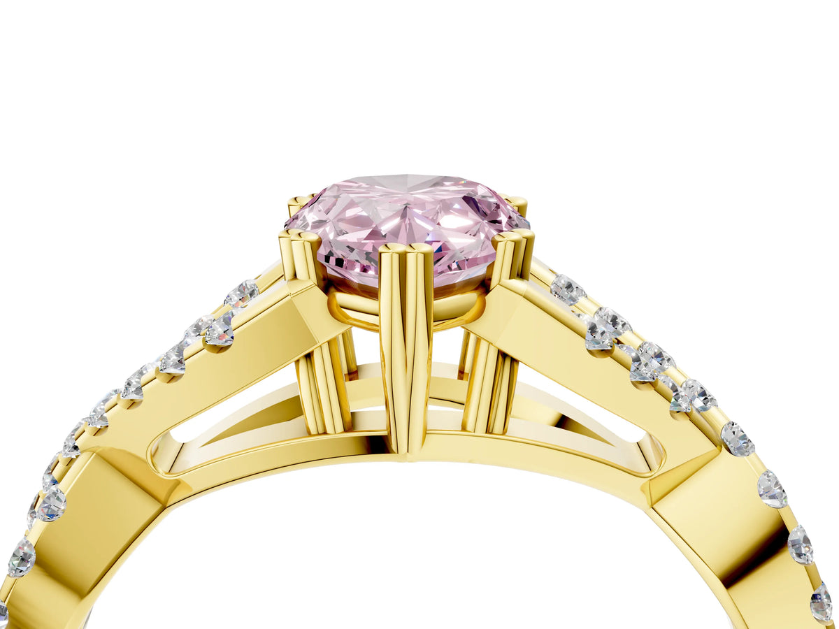 Fancy Pink Pear Cut Diamond Solitaire Ring in Yellow gold with Interwoven Pavé Band and Prong Setting_4