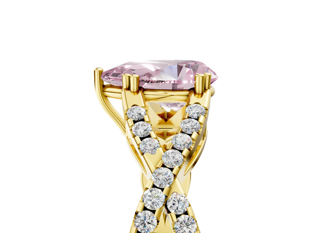 Fancy Pink Pear Cut Diamond Solitaire Ring in Yellow gold with Interwoven Pavé Band and Prong Setting_5