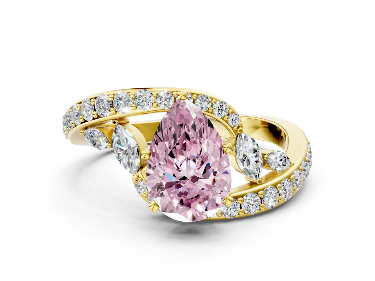 Fancy Pink Pear Cut Diamond Solitaire Ring in Yellow gold with Pavé Twist Band and Prong Setting