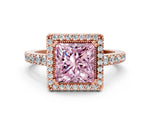 Fancy Pink Princess Cut Diamond Halo Engagement Ring in Rose gold with Milgrain Detail and Pavé Band