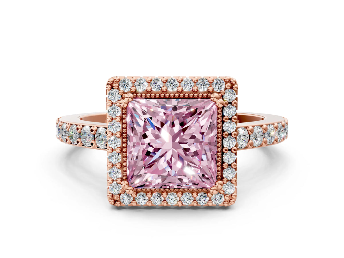 Fancy Pink Princess Cut Diamond Halo Engagement Ring in Rose gold with Milgrain Detail and Pavé Band