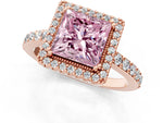 Fancy Pink Princess Cut Diamond Halo Engagement Ring in Rose gold with Milgrain Detail and Pavé Band_1