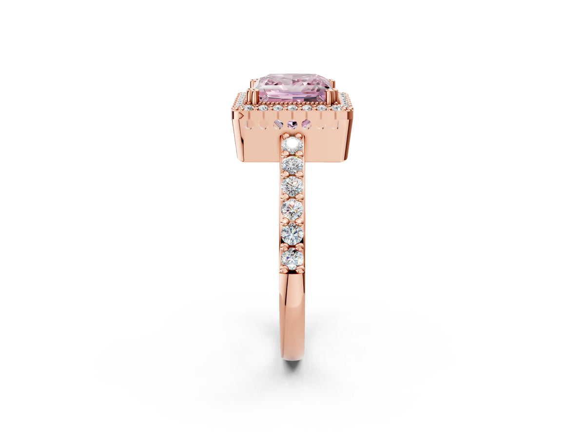 Fancy Pink Princess Cut Diamond Halo Engagement Ring in Rose gold with Milgrain Detail and Pavé Band_2