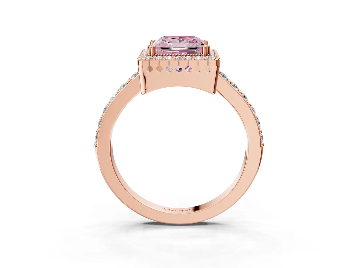 Fancy Pink Princess Cut Diamond Halo Engagement Ring in Rose gold with Milgrain Detail and Pavé Band_3
