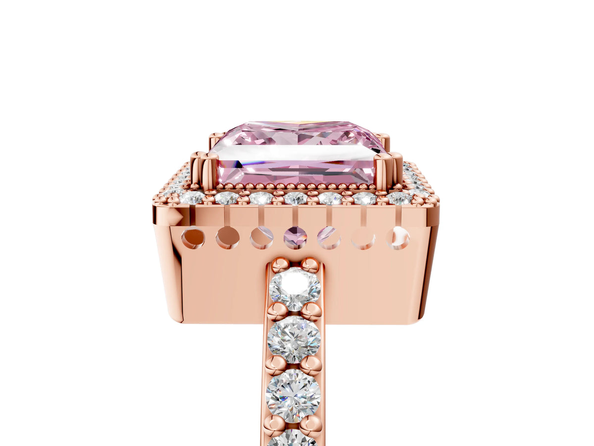 Fancy Pink Princess Cut Diamond Halo Engagement Ring in Rose gold with Milgrain Detail and Pavé Band_5