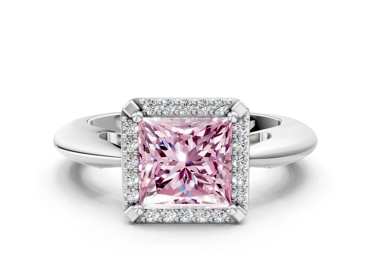 Fancy Pink Princess Cut Diamond Halo Engagement Ring in Silver with Plain Split Shank and Prong Setting_12