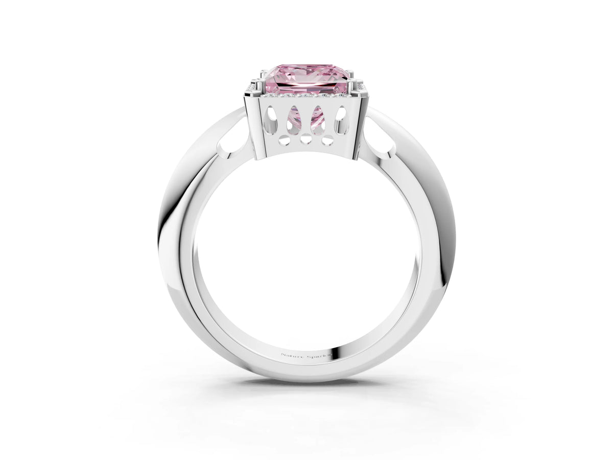 Fancy Pink Princess Cut Diamond Halo Engagement Ring in Silver with Plain Split Shank and Prong Setting_15