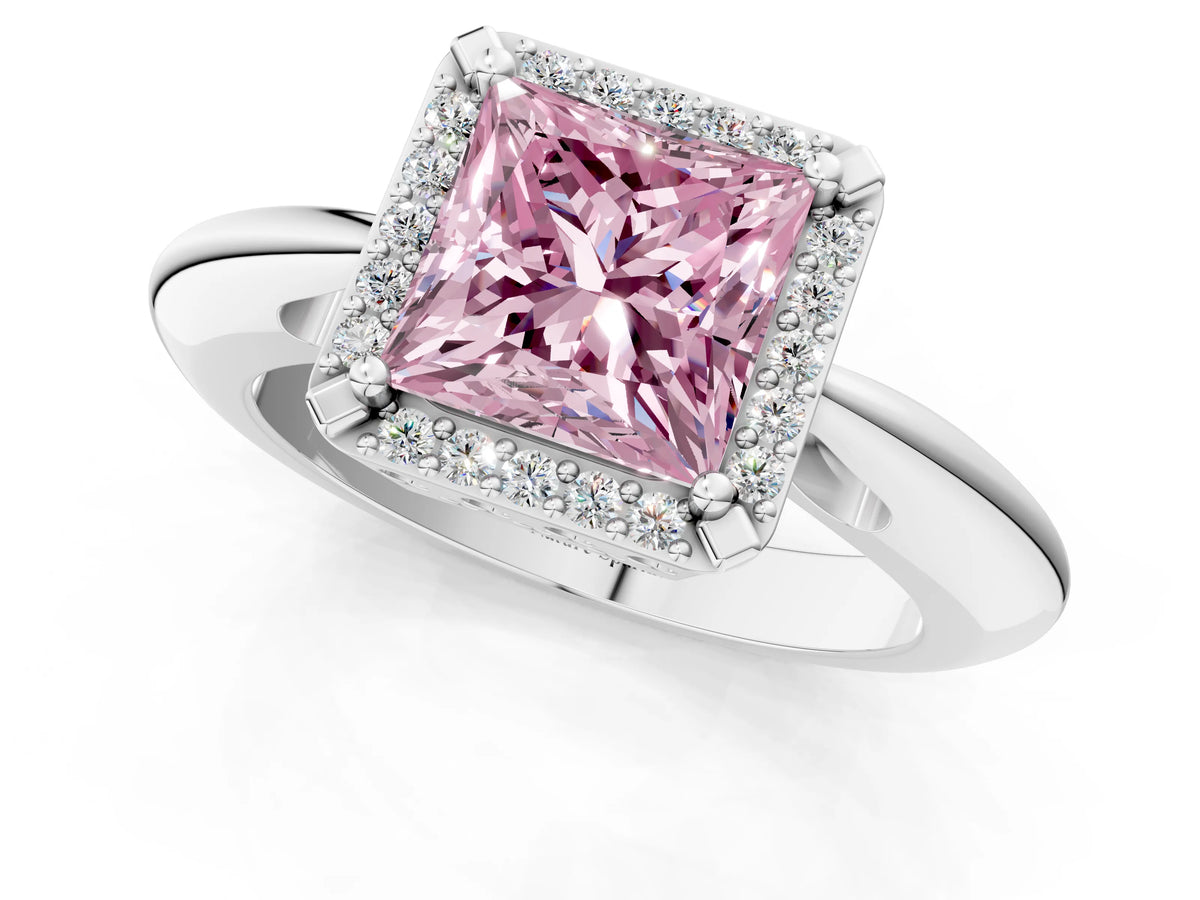 Fancy Pink Princess Cut Diamond Halo Engagement Ring in White gold with Plain Split Shank and Prong Setting_1