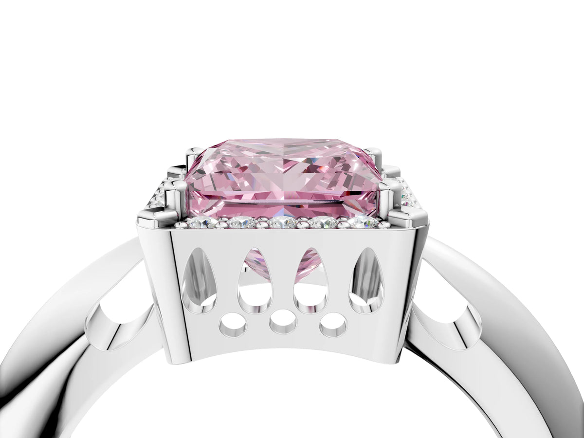 Fancy Pink Princess Cut Diamond Halo Engagement Ring in White gold with Plain Split Shank and Prong Setting_4