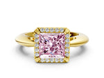 Fancy Pink Princess Cut Diamond Halo Engagement Ring in Yellow gold with Plain Split Shank and Prong Setting