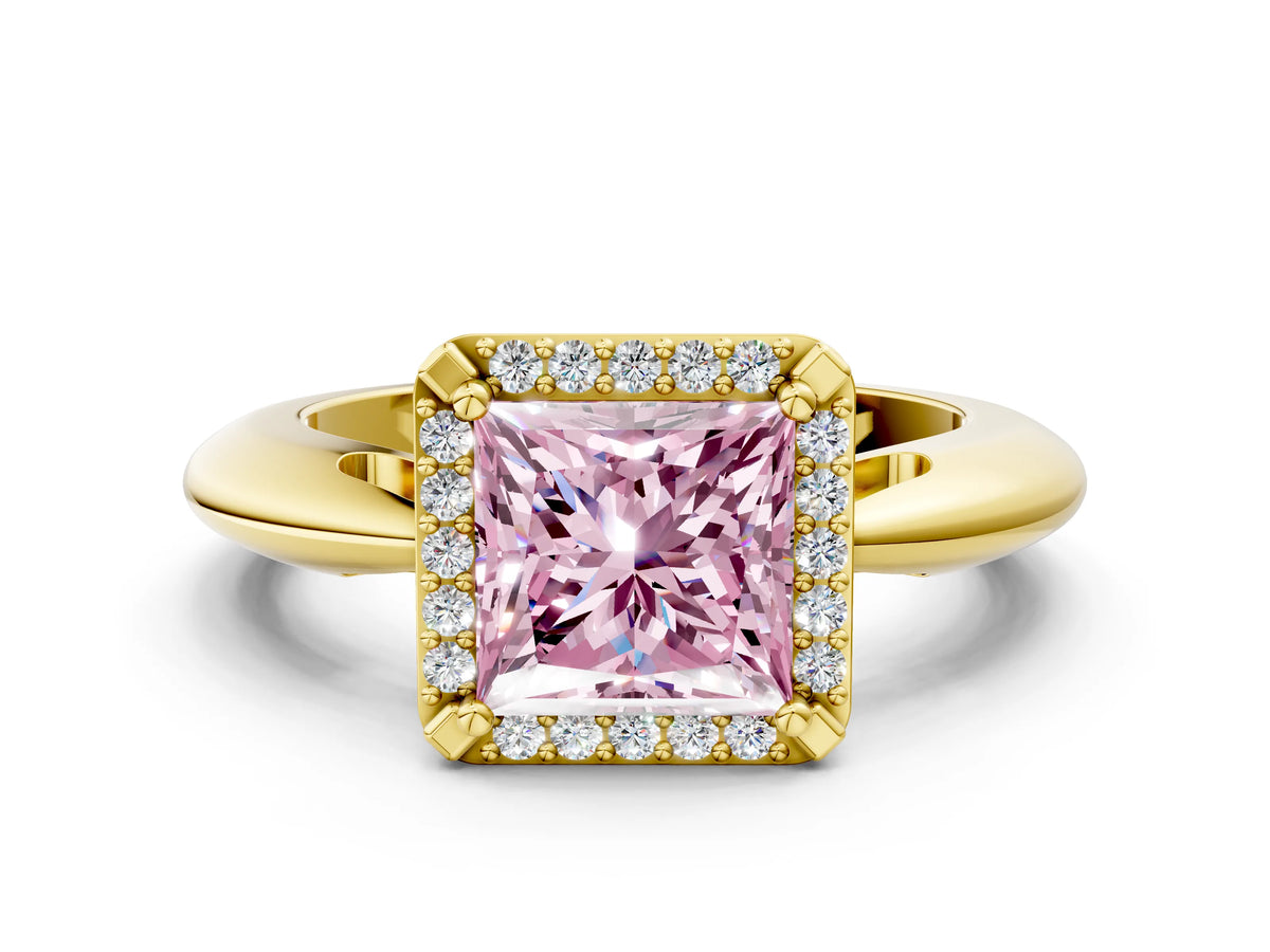 Fancy Pink Princess Cut Diamond Halo Engagement Ring in Yellow gold with Plain Split Shank and Prong Setting