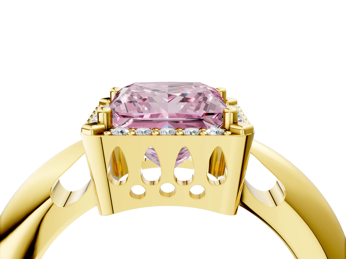 Fancy Pink Princess Cut Diamond Halo Engagement Ring in Yellow gold with Plain Split Shank and Prong Setting_4
