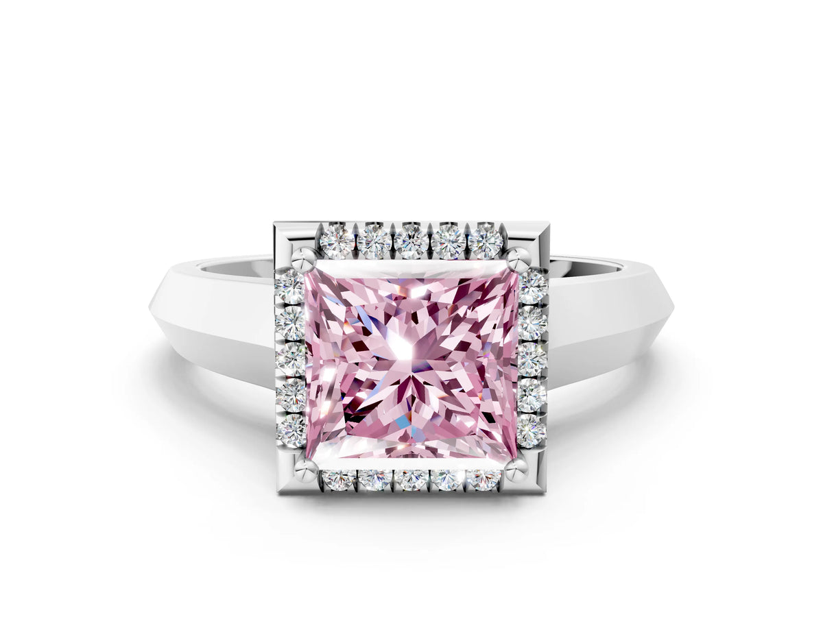 Fancy Pink Princess Cut Diamond Halo Ring in Silver with Cathedral Band and Prong Setting_12
