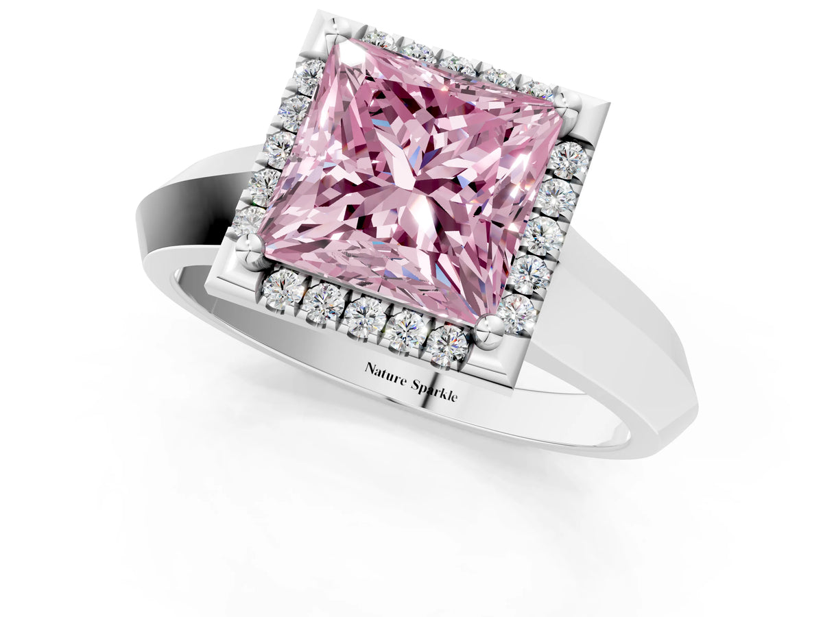Fancy Pink Princess Cut Diamond Halo Ring in Silver with Cathedral Band and Prong Setting_13