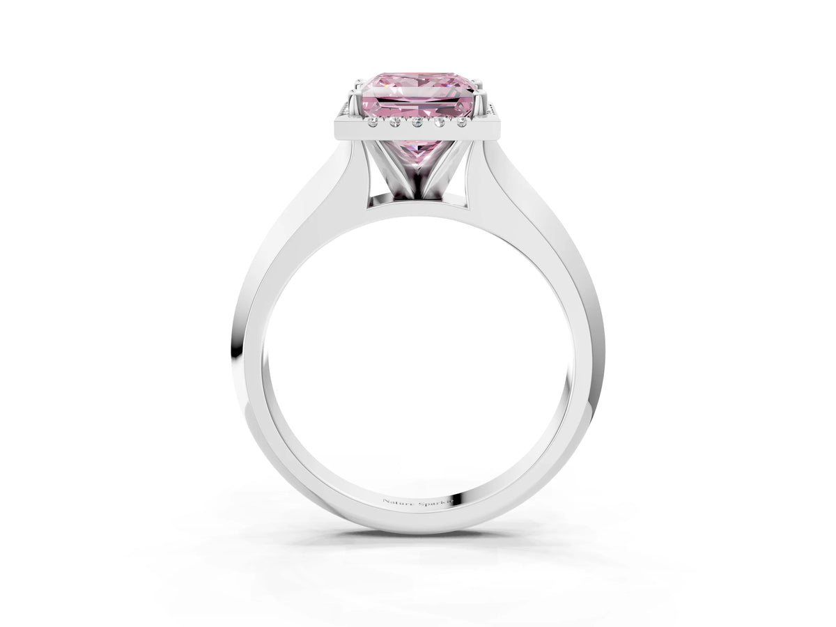 Fancy Pink Princess Cut Diamond Halo Ring in Silver with Cathedral Band and Prong Setting_15