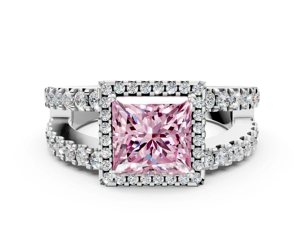 Fancy Pink Princess Cut Diamond Halo Ring in Silver with Split Shank Band and Prong Setting_12
