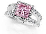 Fancy Pink Princess Cut Diamond Halo Ring in Silver with Split Shank Band and Prong Setting_13