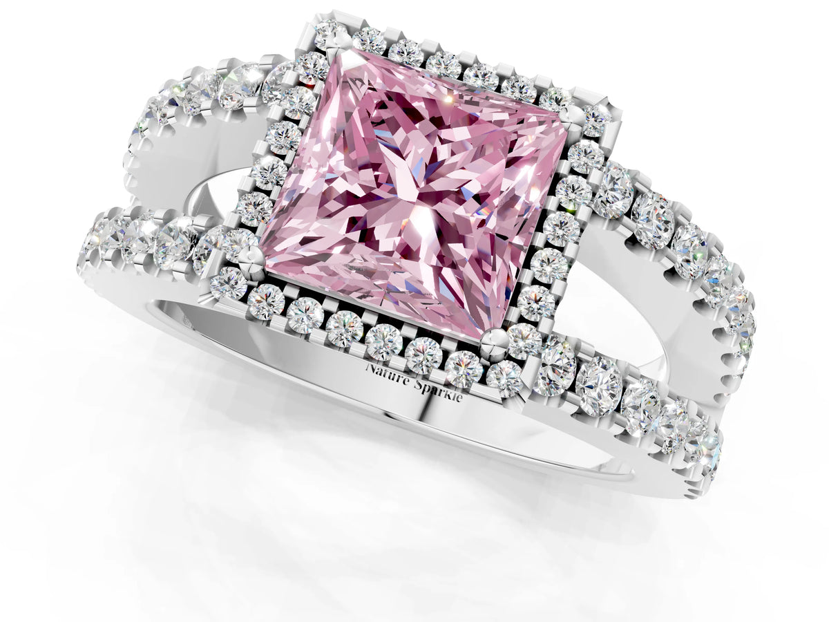 Fancy Pink Princess Cut Diamond Halo Ring in Silver with Split Shank Band and Prong Setting_13