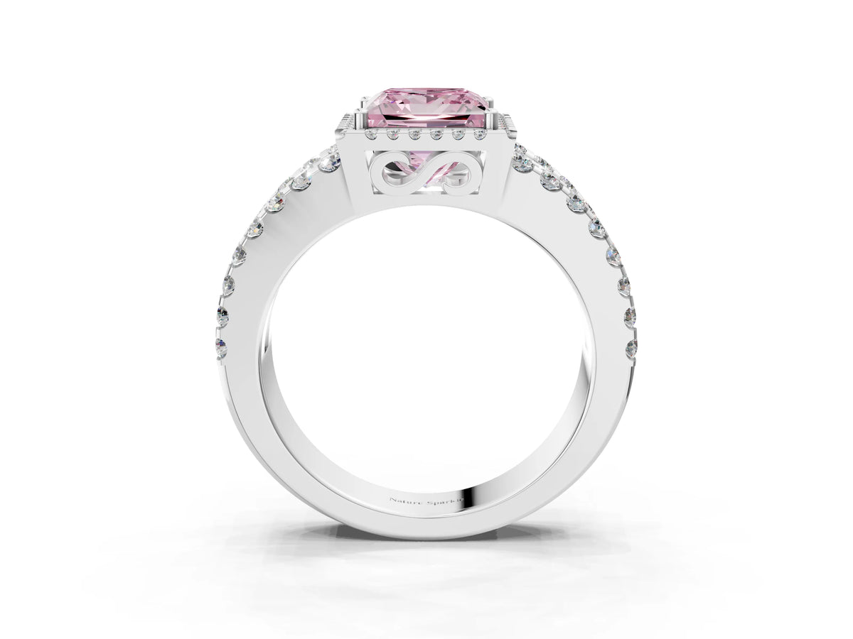Fancy Pink Princess Cut Diamond Halo Ring in Silver with Split Shank Band and Prong Setting_15