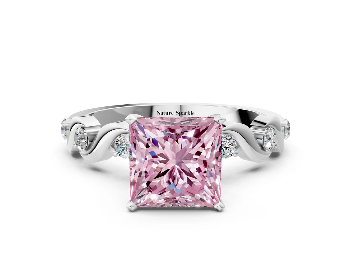 Fancy Pink Princess Cut Diamond Solitaire Ring in Platinum with Twisted Ribbon Band and Round Accents