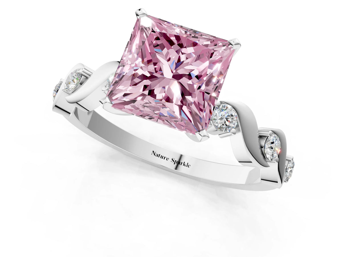 Fancy Pink Princess Cut Diamond Solitaire Ring in Platinum with Twisted Ribbon Band and Round Accents_1
