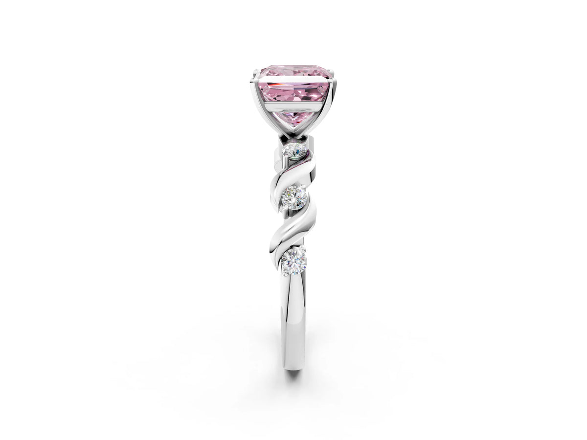 Fancy Pink Princess Cut Diamond Solitaire Ring in Platinum with Twisted Ribbon Band and Round Accents_2