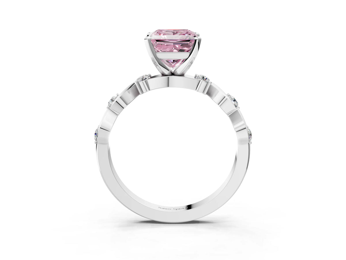 Fancy Pink Princess Cut Diamond Solitaire Ring in Platinum with Twisted Ribbon Band and Round Accents_3