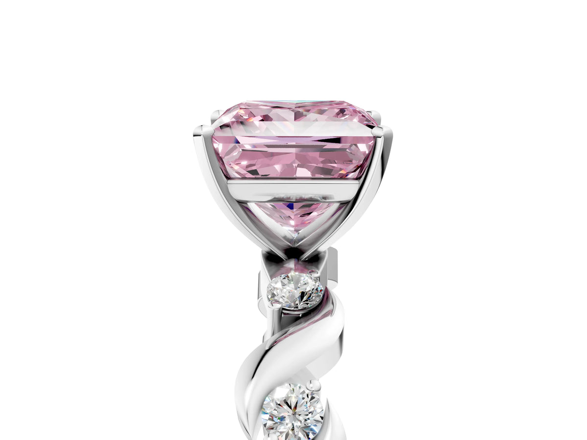 Fancy Pink Princess Cut Diamond Solitaire Ring in Platinum with Twisted Ribbon Band and Round Accents_5