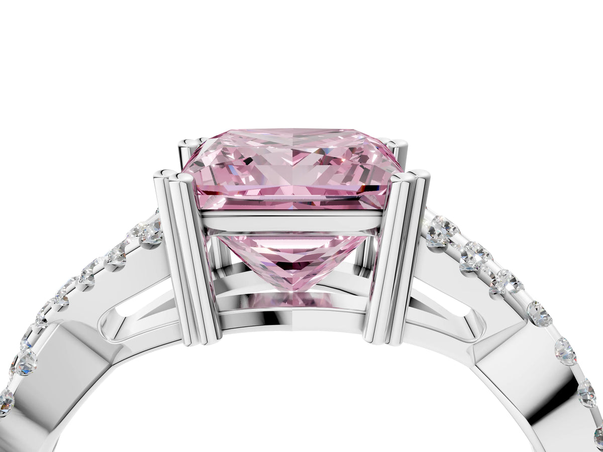 Fancy Pink Princess Cut Diamond Solitaire Ring in Silver with Interwoven Pavé Band and Prong Setting_10