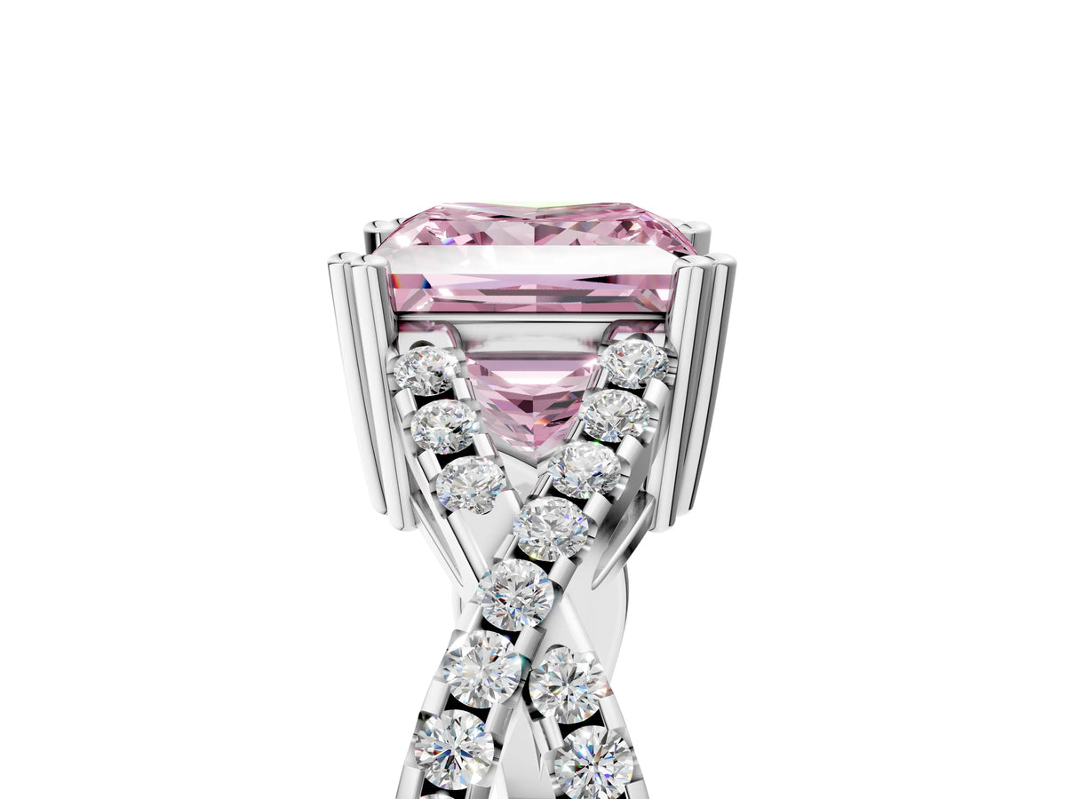Fancy Pink Princess Cut Diamond Solitaire Ring in Silver with Interwoven Pavé Band and Prong Setting_11