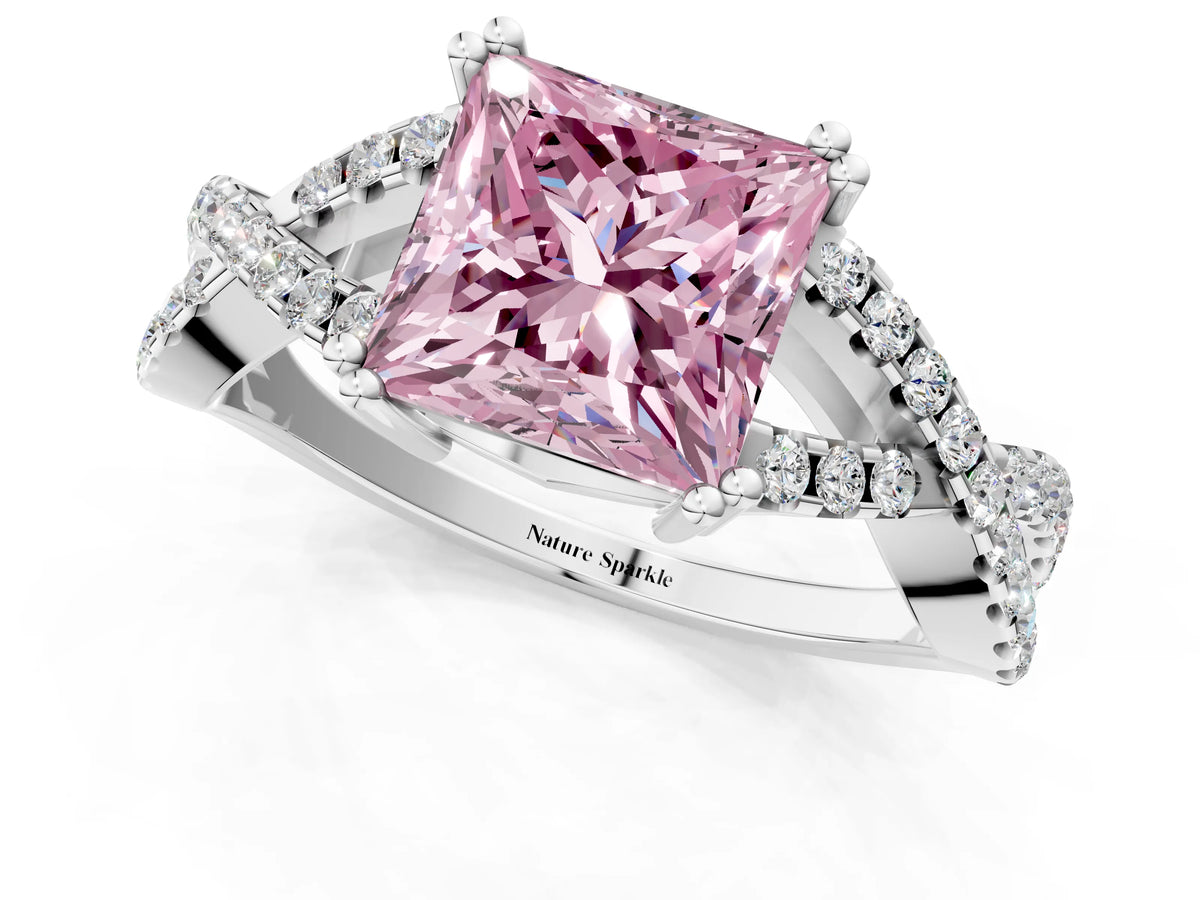 Fancy Pink Princess Cut Diamond Solitaire Ring in Silver with Interwoven Pavé Band and Prong Setting_7
