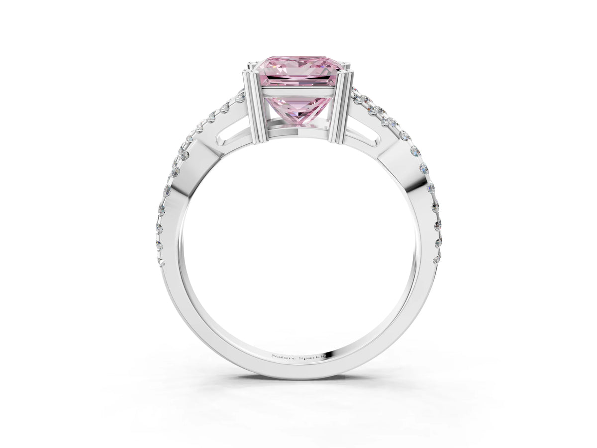 Fancy Pink Princess Cut Diamond Solitaire Ring in Silver with Interwoven Pavé Band and Prong Setting_9