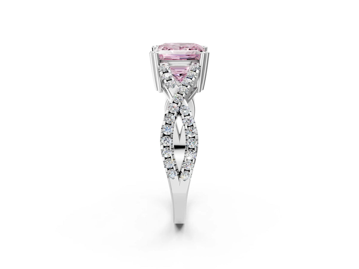 Fancy Pink Princess Cut Diamond Solitaire Ring in White gold with Interwoven Pavé Band and Prong Setting_2