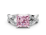 Fancy Pink Princess Cut Diamond Solitaire Ring in White gold with Interwoven Pavé Band and Prong Setting