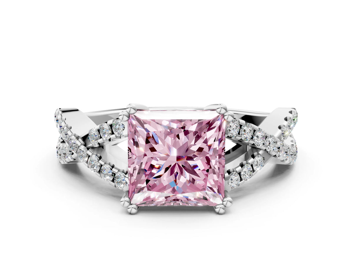 Fancy Pink Princess Cut Diamond Solitaire Ring in White gold with Interwoven Pavé Band and Prong Setting