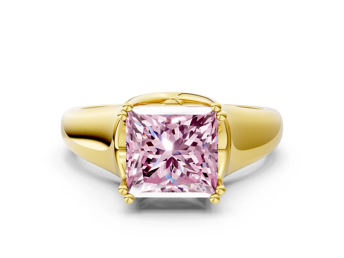 Fancy Pink Princess Cut Diamond Solitaire Ring in Yellow gold with Smooth Wide Band and Prong Setting