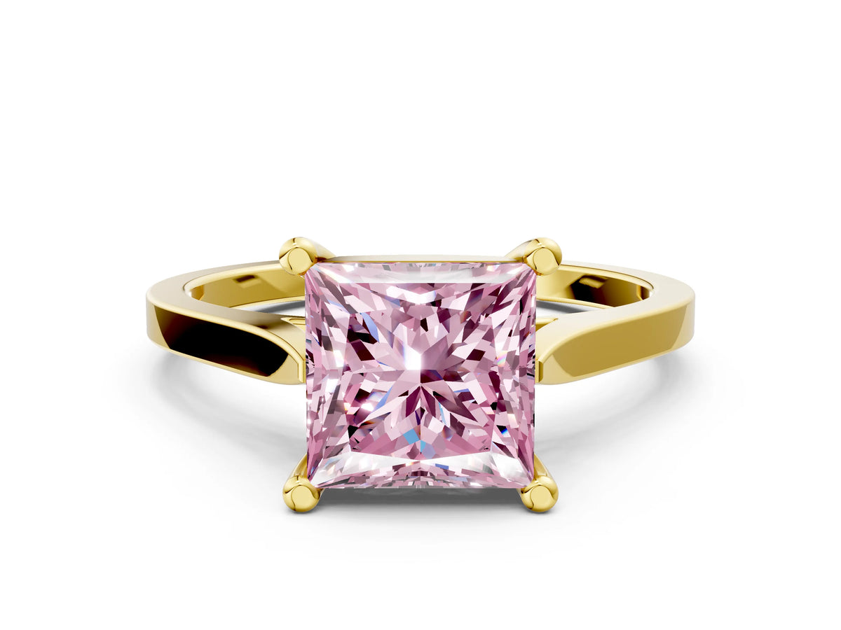 Fancy Pink Princess Cut Diamond Solitaire Ring in Yellow gold with Tapered Band and Prong Setting