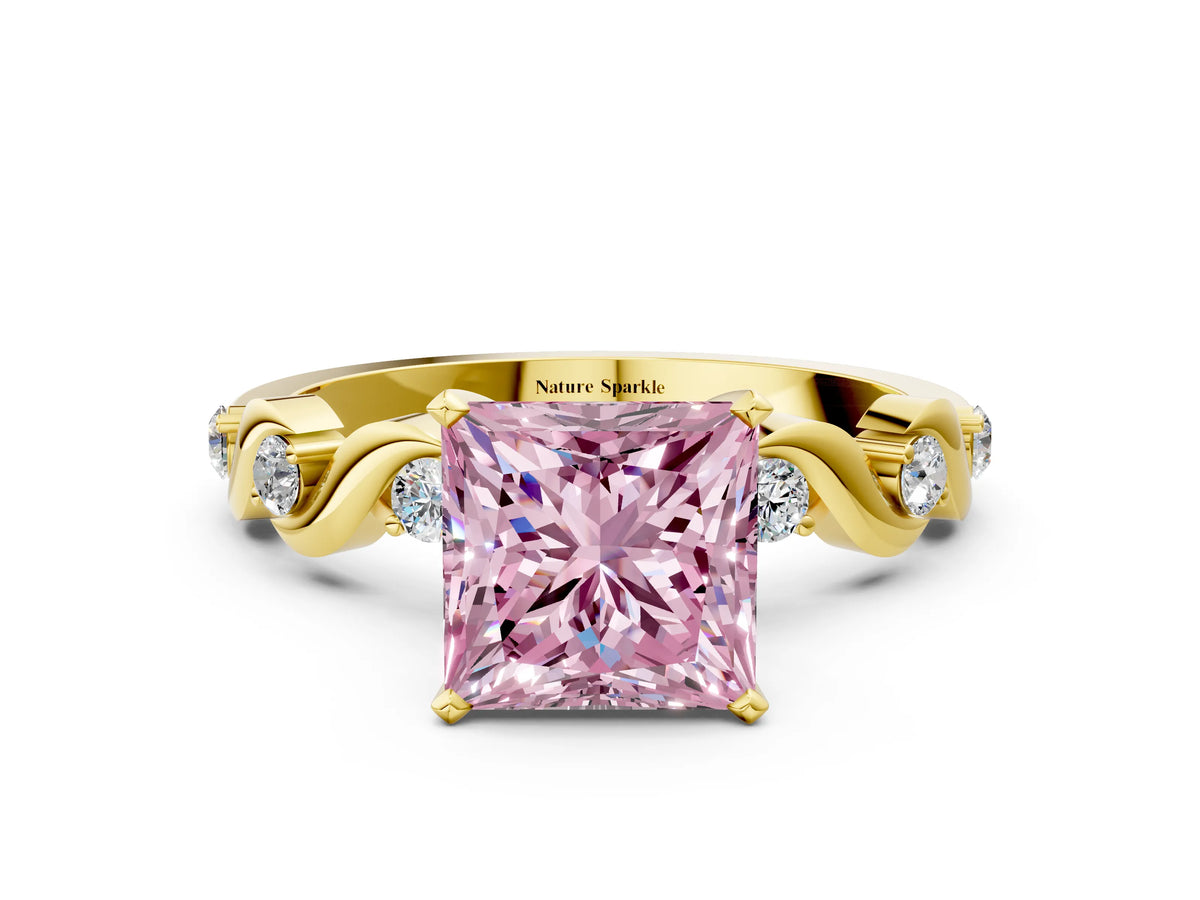 Fancy Pink Princess Cut Diamond Solitaire Ring in Yellow gold with Twisted Ribbon Band and Round Accents