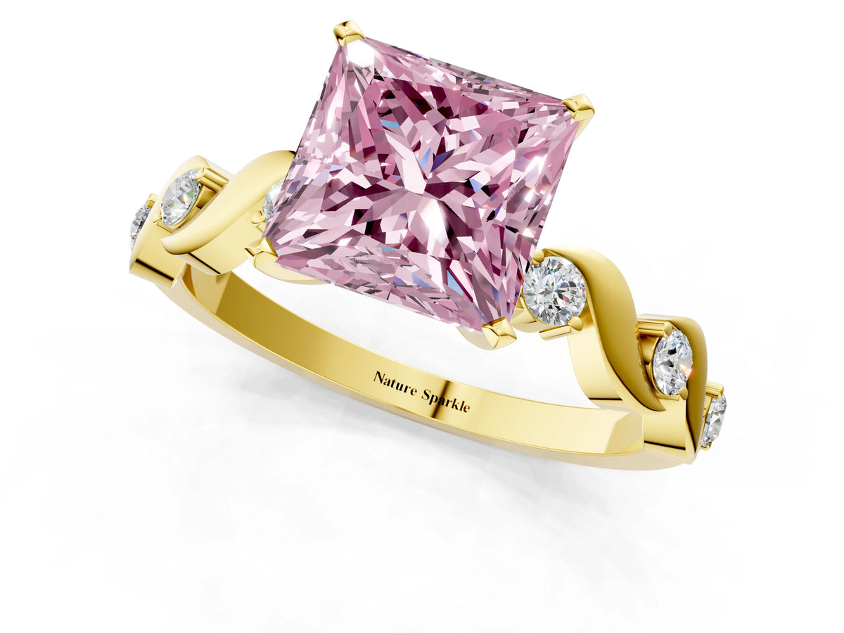 Fancy Pink Princess Cut Diamond Solitaire Ring in Yellow gold with Twisted Ribbon Band and Round Accents_1