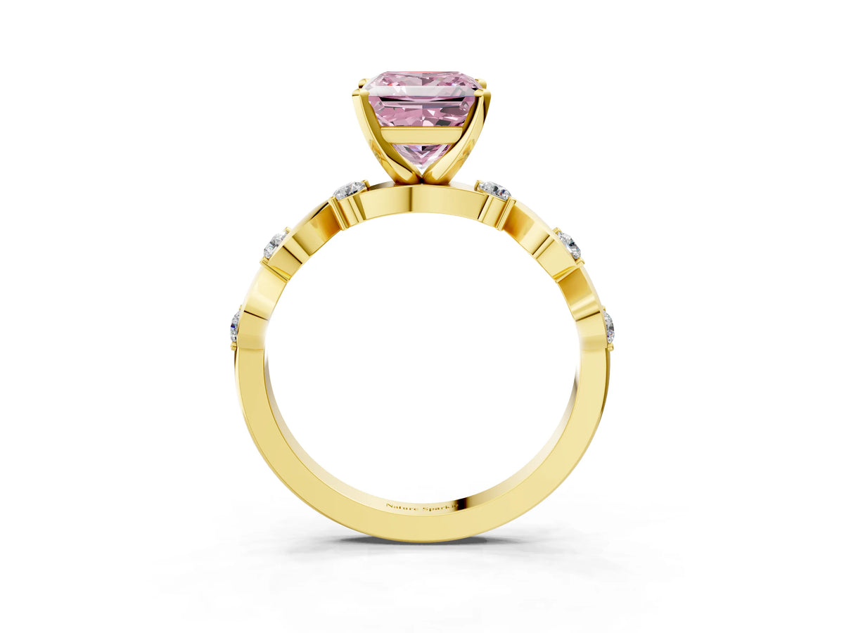 Fancy Pink Princess Cut Diamond Solitaire Ring in Yellow gold with Twisted Ribbon Band and Round Accents_3