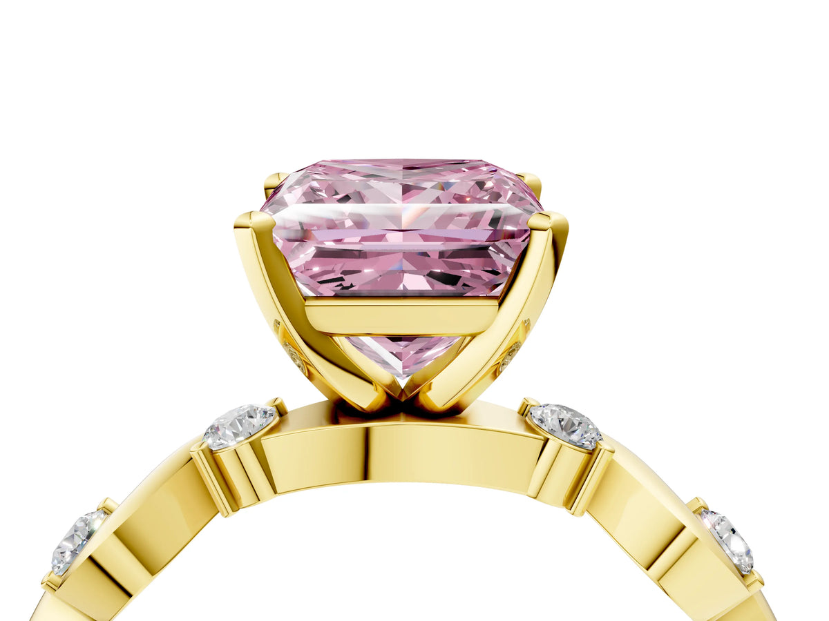 Fancy Pink Princess Cut Diamond Solitaire Ring in Yellow gold with Twisted Ribbon Band and Round Accents_4