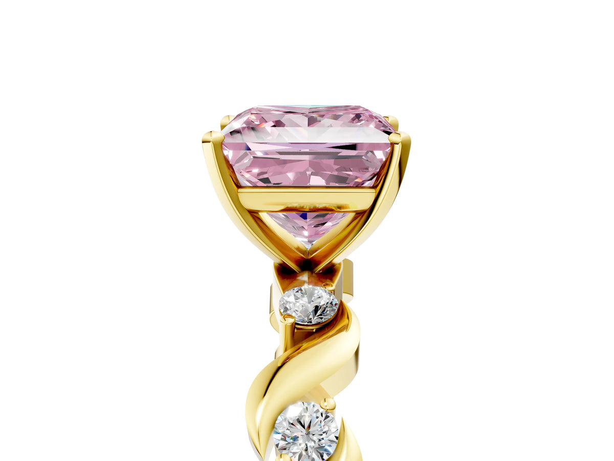 Fancy Pink Princess Cut Diamond Solitaire Ring in Yellow gold with Twisted Ribbon Band and Round Accents_5