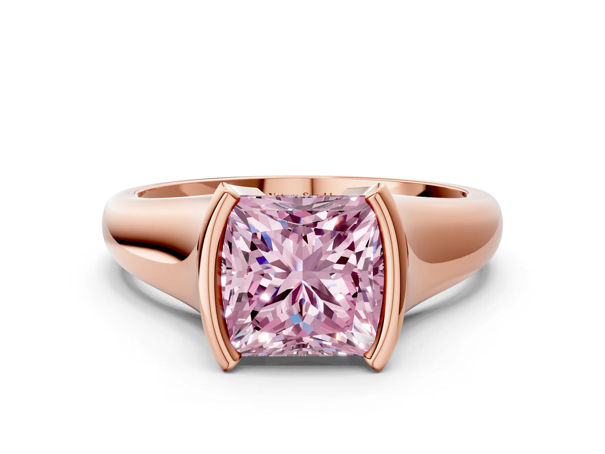 Fancy Pink Princess Cut Diamond Tension Set Solitaire Ring in Rose gold with Split Shank Band