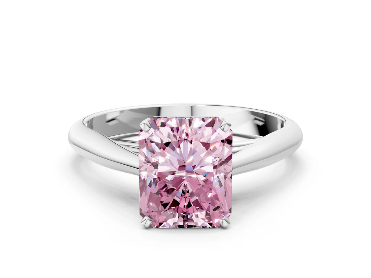 Fancy Pink Radiant Cut Diamond Cathedral Solitaire Engagement Ring in Silver with Prong Setting