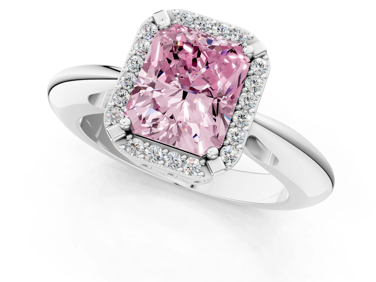 Fancy Pink Radiant Cut Diamond Halo Engagement Ring in Platinum with Plain Split Shank and Prong Setting_13