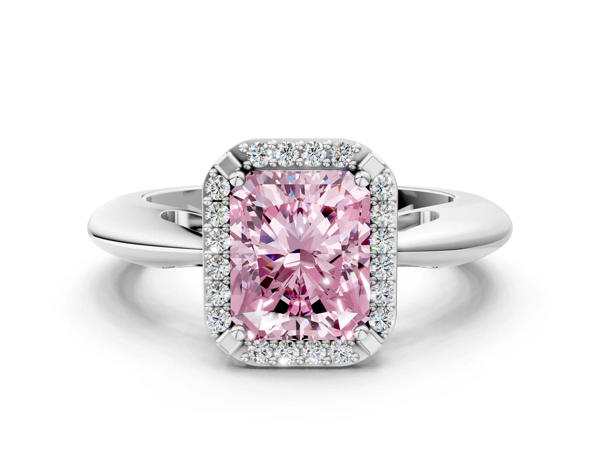 Fancy Pink Radiant Cut Diamond Halo Engagement Ring in White gold with Plain Split Shank and Prong Setting