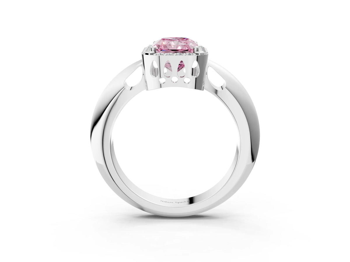 Fancy Pink Radiant Cut Diamond Halo Engagement Ring in White gold with Plain Split Shank and Prong Setting_3