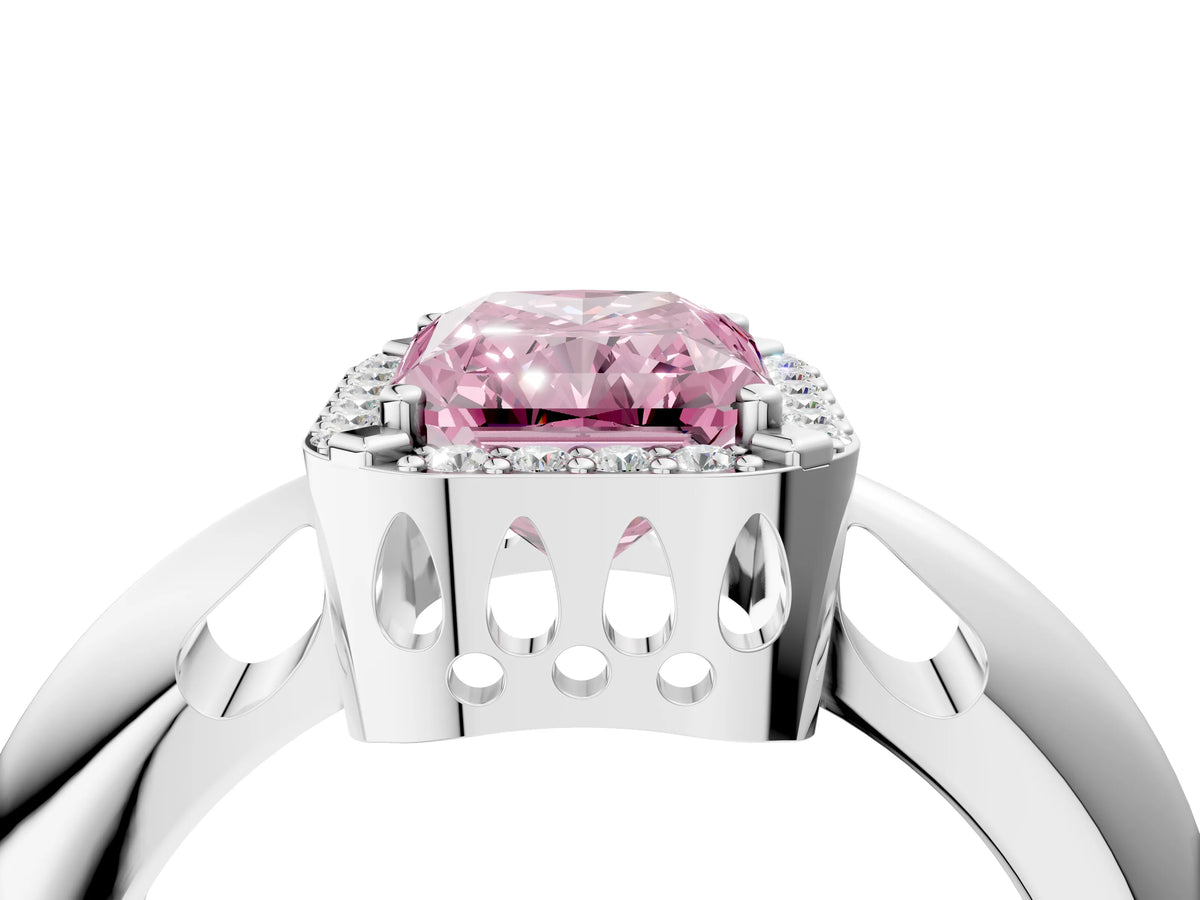 Fancy Pink Radiant Cut Diamond Halo Engagement Ring in White gold with Plain Split Shank and Prong Setting_4