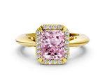 Fancy Pink Radiant Cut Diamond Halo Engagement Ring in Yellow gold with Plain Split Shank and Prong Setting
