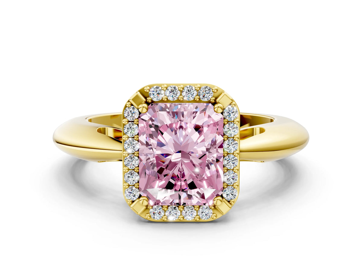 Fancy Pink Radiant Cut Diamond Halo Engagement Ring in Yellow gold with Plain Split Shank and Prong Setting